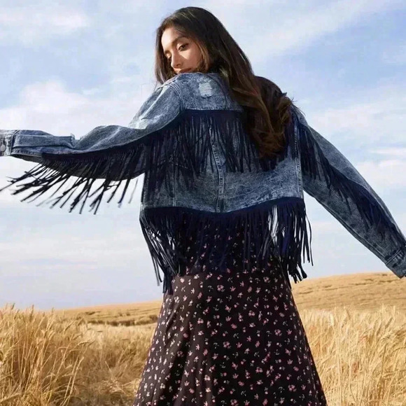 Multicolor Casual Womens Fringe Trim Denim Jacket - Picture 2 of 5